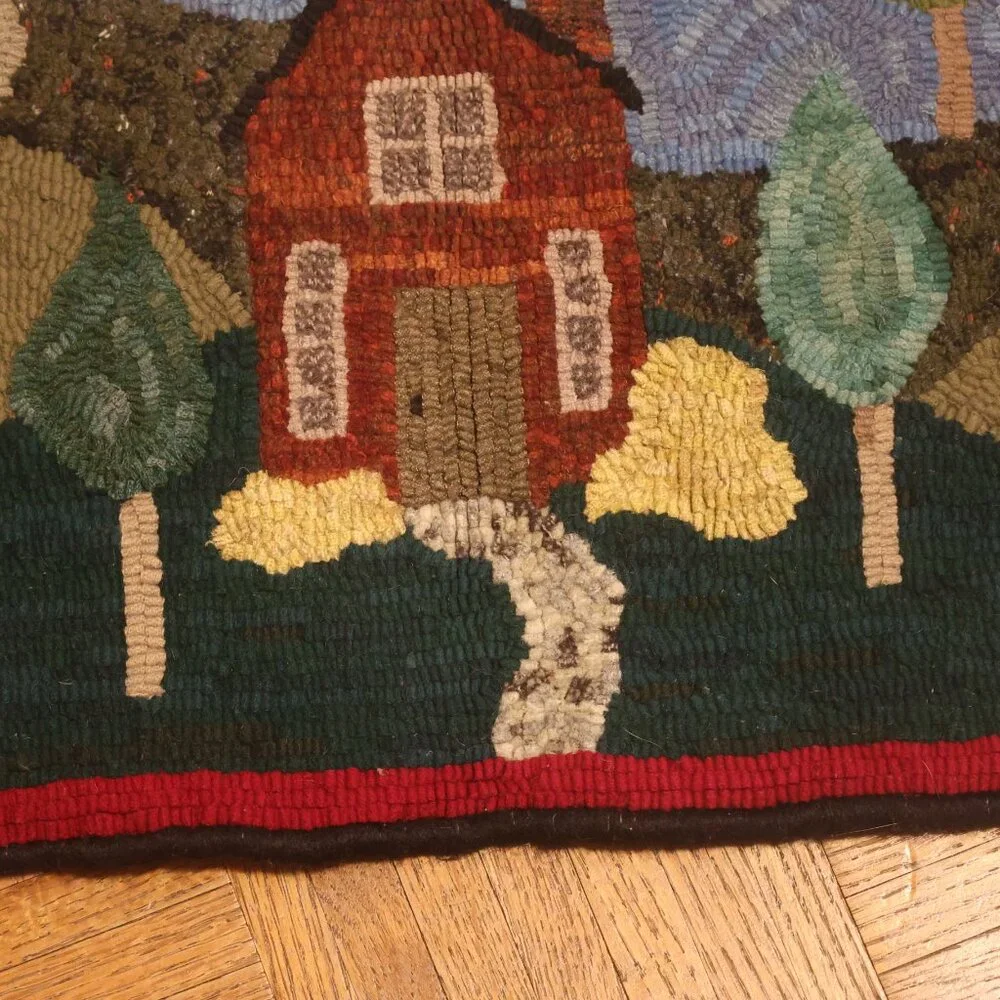 VINTAGE Hand Hooked Rug Summer HOME House Trees Landscape Primitive Folk 19x15